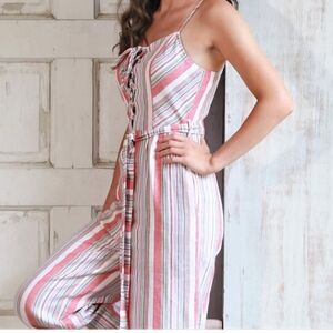 Linen blend pastel stripes wide leg lace up neckline belted jumpsuit L